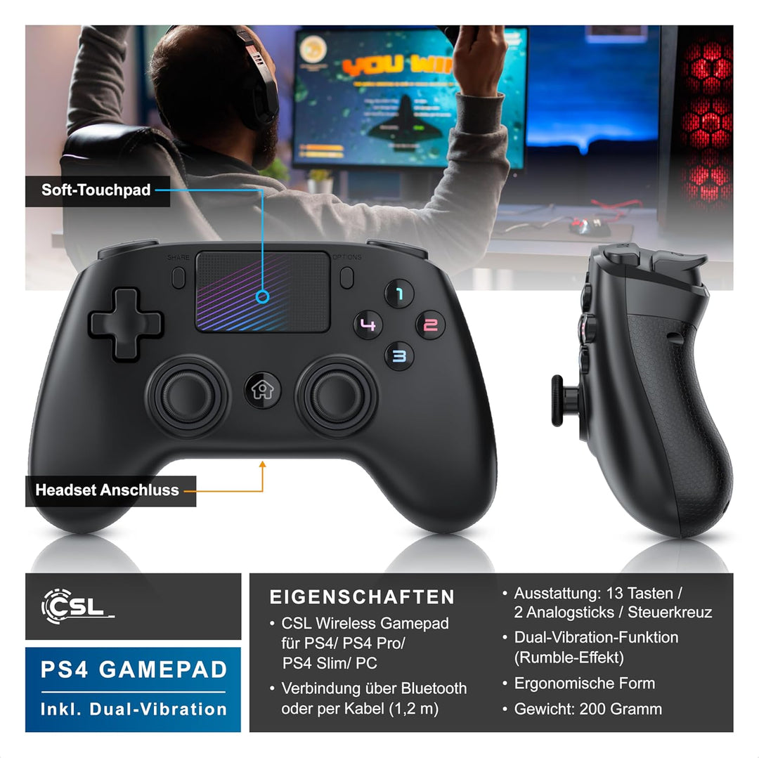 CSL - Wireless Gamepad für PC und PS4 - PC Anschluss - Wireless Controller - Dual Vibration - Headse
