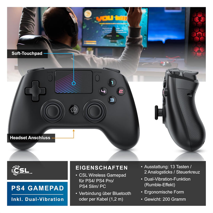 CSL - Wireless Gamepad für PC und PS4 - PC Anschluss - Wireless Controller - Dual Vibration - Headse