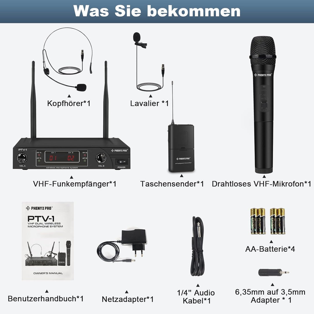 Phenyx Pro Wireless Mikrofon Set,VHF Kabellos Mikrofon System mit 1 Handheld+1 Headset+1 Lapel+1 Bod