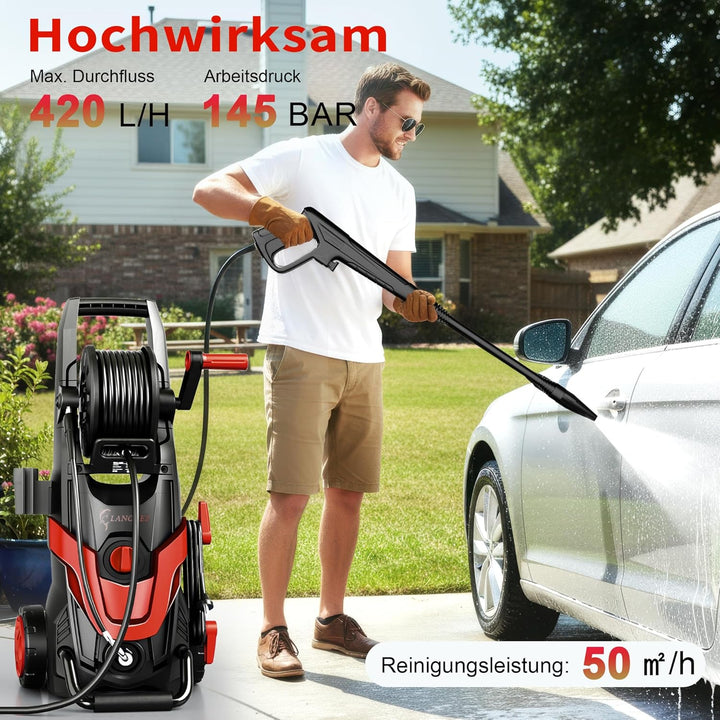 LANCHEZ Hochdruckreiniger 145 bar max Druck, Fördermenge 420 l/h, Inkl. Schlauchtrommel, 4 Schnellan