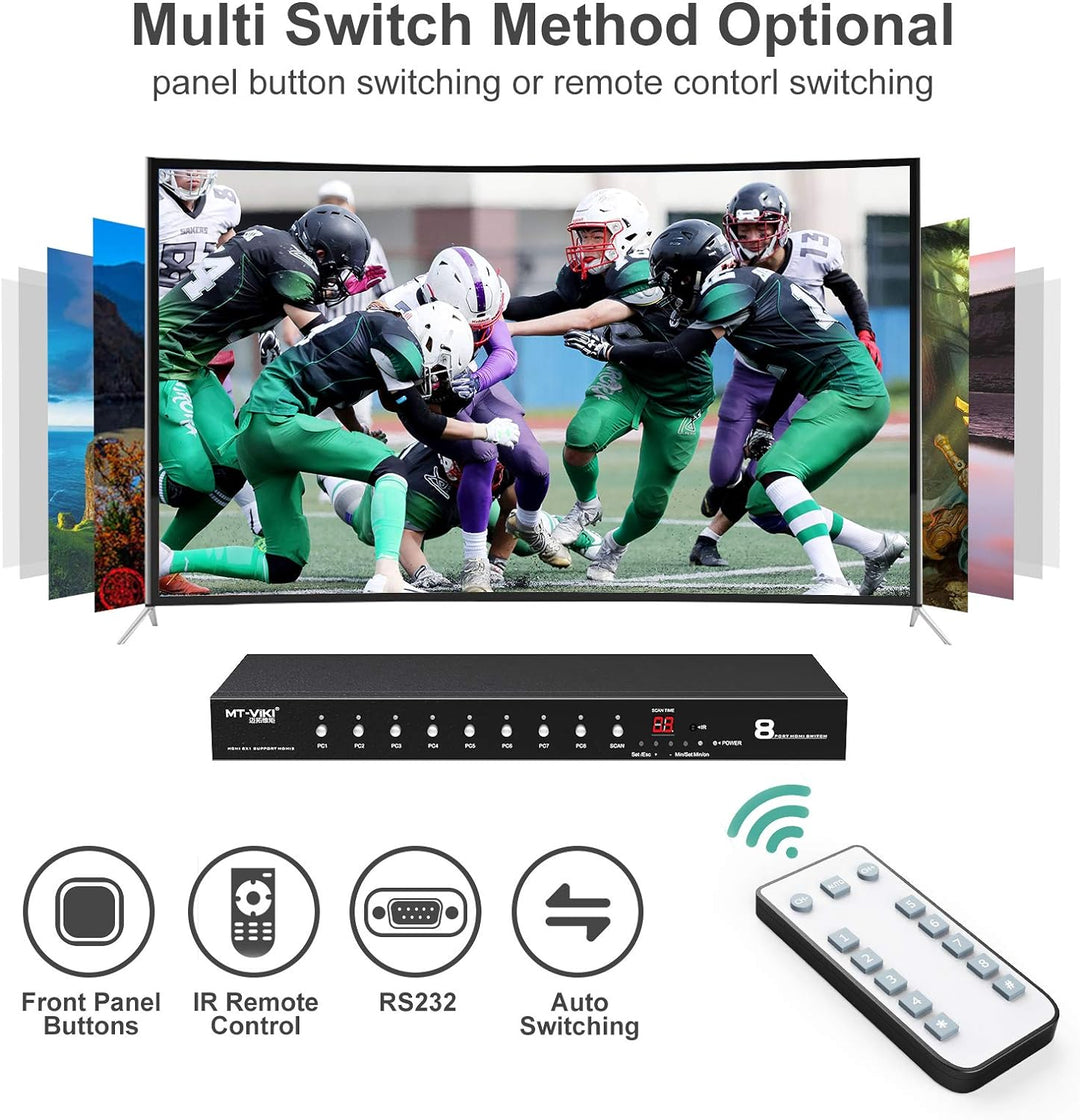 MT-VIKI 4K60Hz 8 Port HDMI Switch 8 in 1 Out mit IR-Fernbedienung Auto Scan 1U Rackmount HDR HDCP2.2