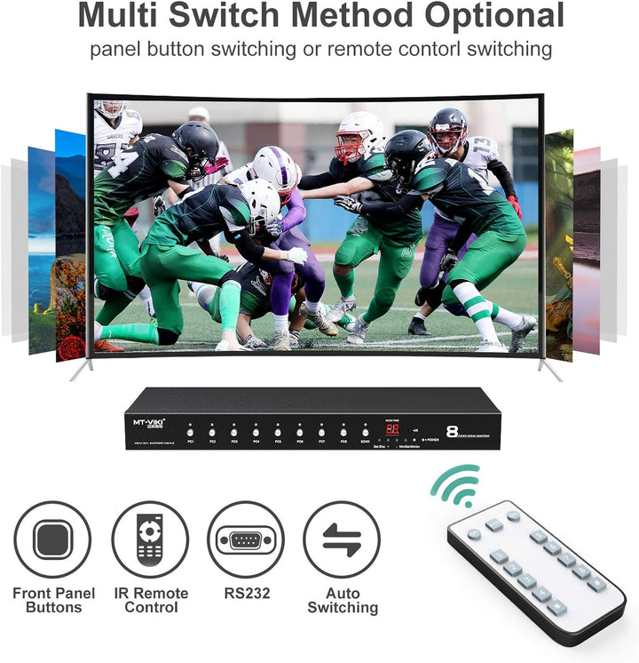 MT-VIKI 4K60Hz 8 Port HDMI Switch 8 in 1 Out mit IR-Fernbedienung Auto Scan 1U Rackmount HDR HDCP2.2