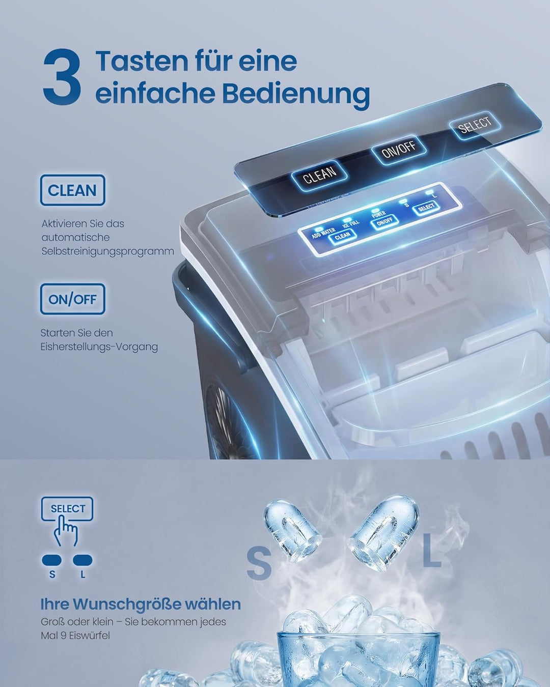 SONGMICS Eiswürfelmaschine, Eiswürfelbereiter, Eismaschine mit Selbstreinigung, in 6 Minuten 9 Würfe