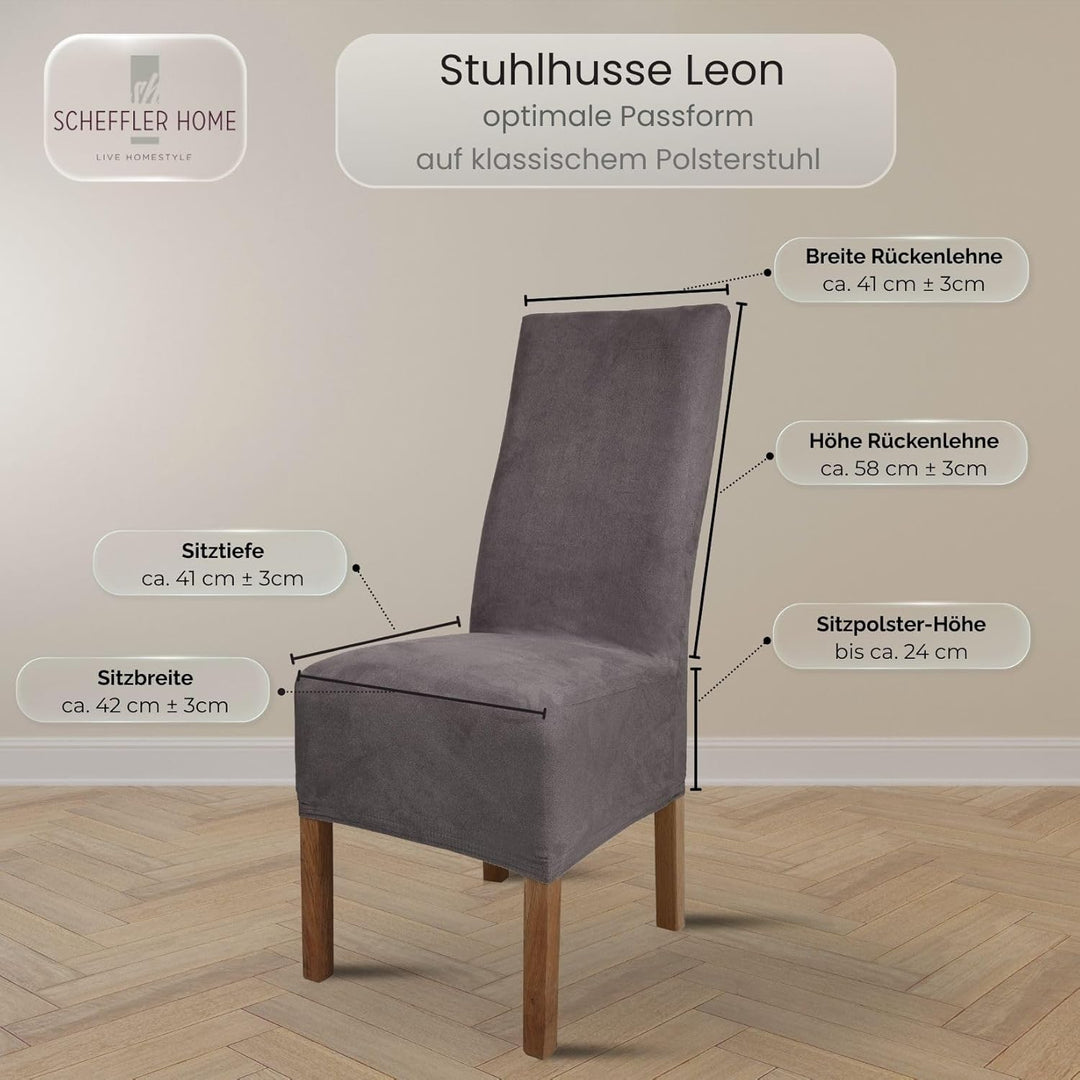 SCHEFFLER-Home Stuhlhussen 6er Set Leon Grau/elastische Wildleder Hussen für Stühle/Robustes Freisch