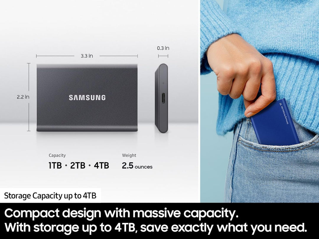 Samsung T7 tragbare SSD, 2 TB externes Solid-State-Laufwerk, Geschwindigkeiten bis zu 1.050 MB/s, US