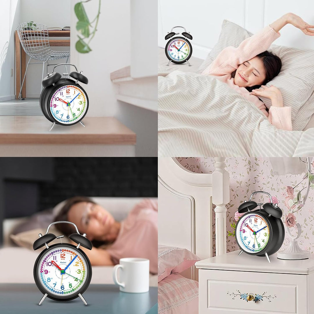 Eachui Analoger Wecker für Kinder, Doppelglockenwecker ohne Ticken mit lautem Alarm, Nachtlicht und