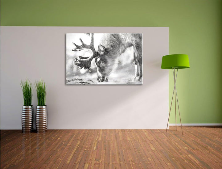 Pixxprint süsses Rentier beim Essen Kunst Kohle Effekt, Format: 100x70 auf Leinwand, 100x70