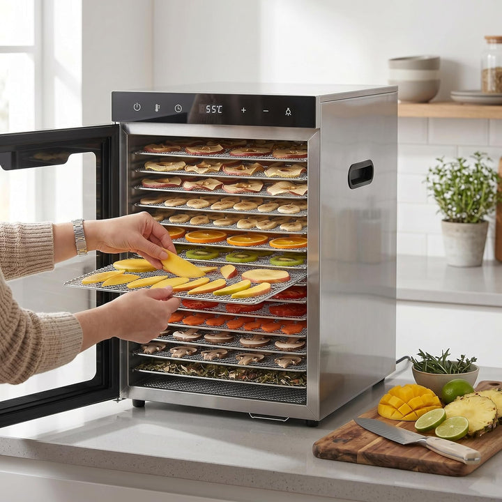 Arendo - Dörrautomat Edelstahl mit 16 Edelstahlgitter - 1000 Watt - 13400 cm² - 8 Programme - Dörrge