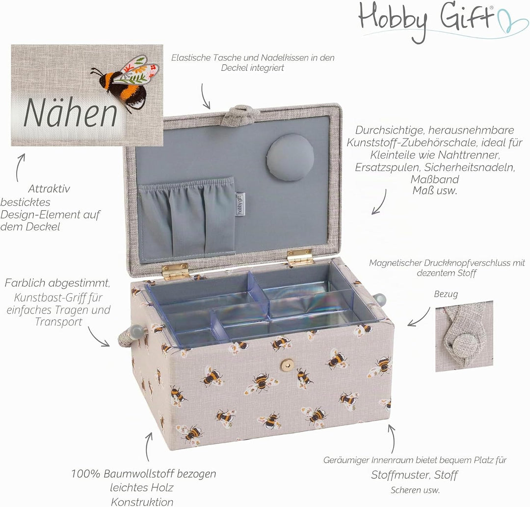 Hobby Gift Medium Näh-Aufbewahrungsbox, Holz/Stoff, Gestickte Nähbiene, Gestickte Nähbiene