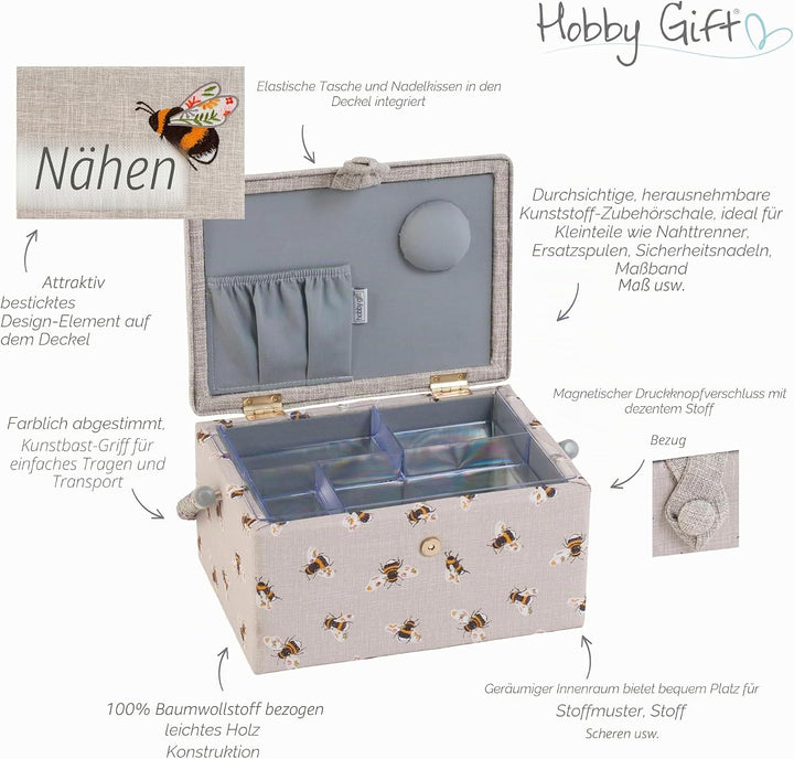 Hobby Gift Medium Näh-Aufbewahrungsbox, Holz/Stoff, Gestickte Nähbiene, Gestickte Nähbiene