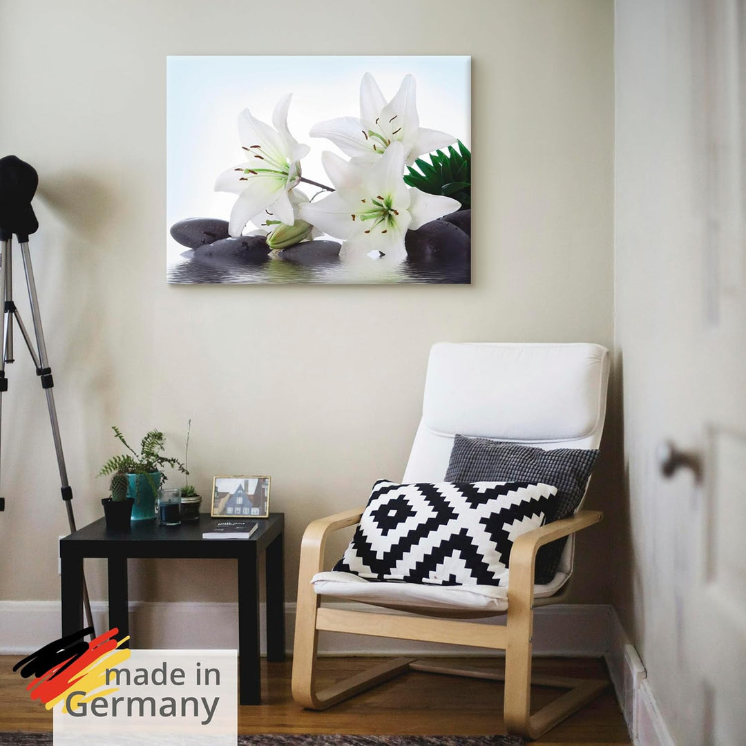 ARTland Leinwandbilder Wandbild Bild auf Leinwand 80x60 cm Madonna-Lilien und Spasteine im Wasser in