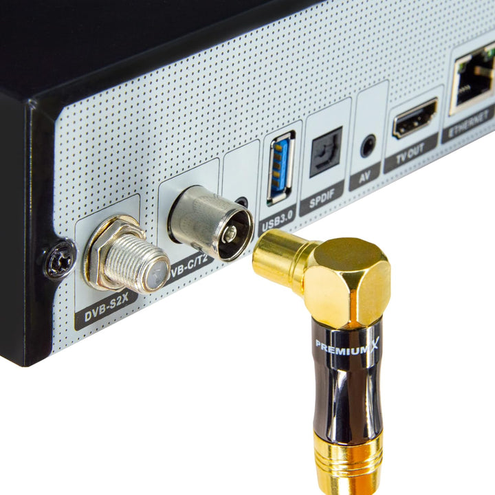Premium X 20m Gold-Line TV Antennenkabel Schwarz Koax-Anschluss IEC Stecker - IEC Buchse 90° gewinke