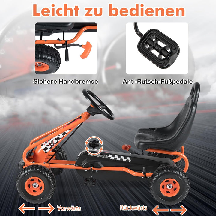 COSTWAY Gokart mit verstellbarem Sitz, Go Kart mit Handbremse, Tretauto bis 30 kg belastbar, Pedal G