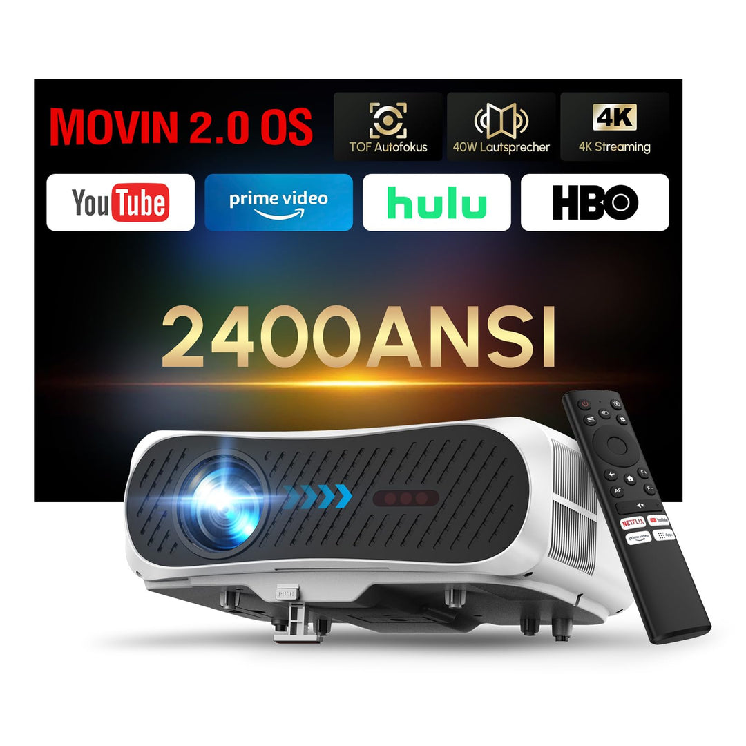 Smart 4K Beamer LED Tageslicht Projektor 2400 ANSI HDR 10 mit WiFi6 Bluetooth5.4 HDMI eARC/CEC, ToF-