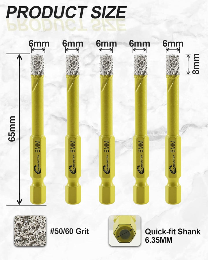 Trocken Diamant Bohrkrone 5 Stücke 6mm Fliesenbohrer mit Schnellwechsel Sechskant Schaft für Marmor