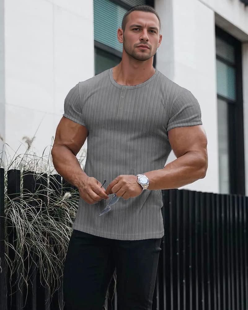 Lehmanlin Langarmshirts, Henley Langarm/Kurzarm Pullover, Slim Fit Sport Muskelshirts M Grau_kurz, M