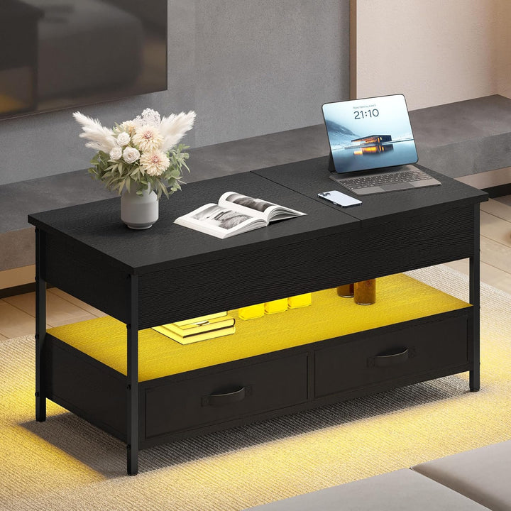 DWVO Couchtisch Höhenverstellbar mit 2 Schublade und Offener Lagerraum, LED Couchtisch mit Versteckt