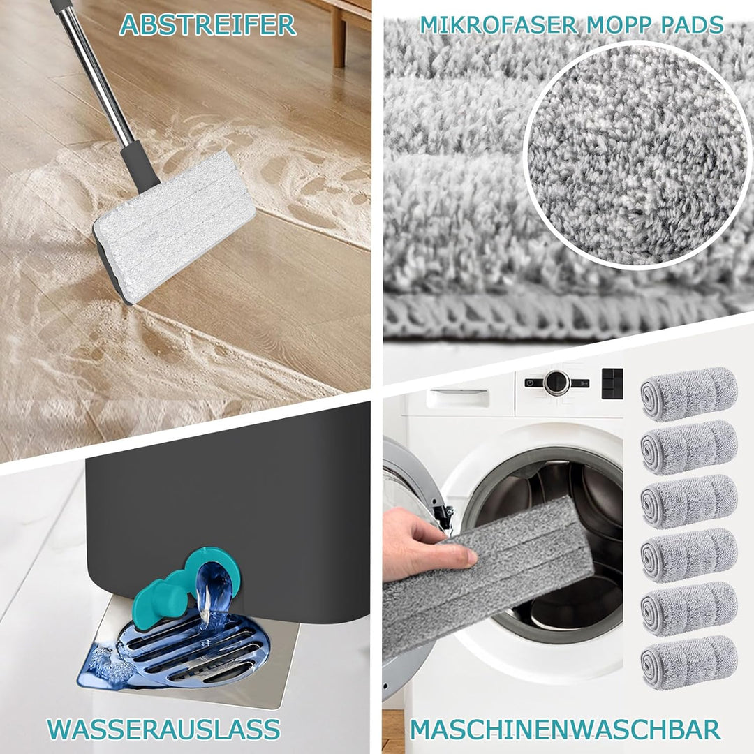Masthome Wischmopp und Eimer Set, Flacher Bodenwischer mit 6 Mikrofaser-Wischpads und 148 cm Edelsta