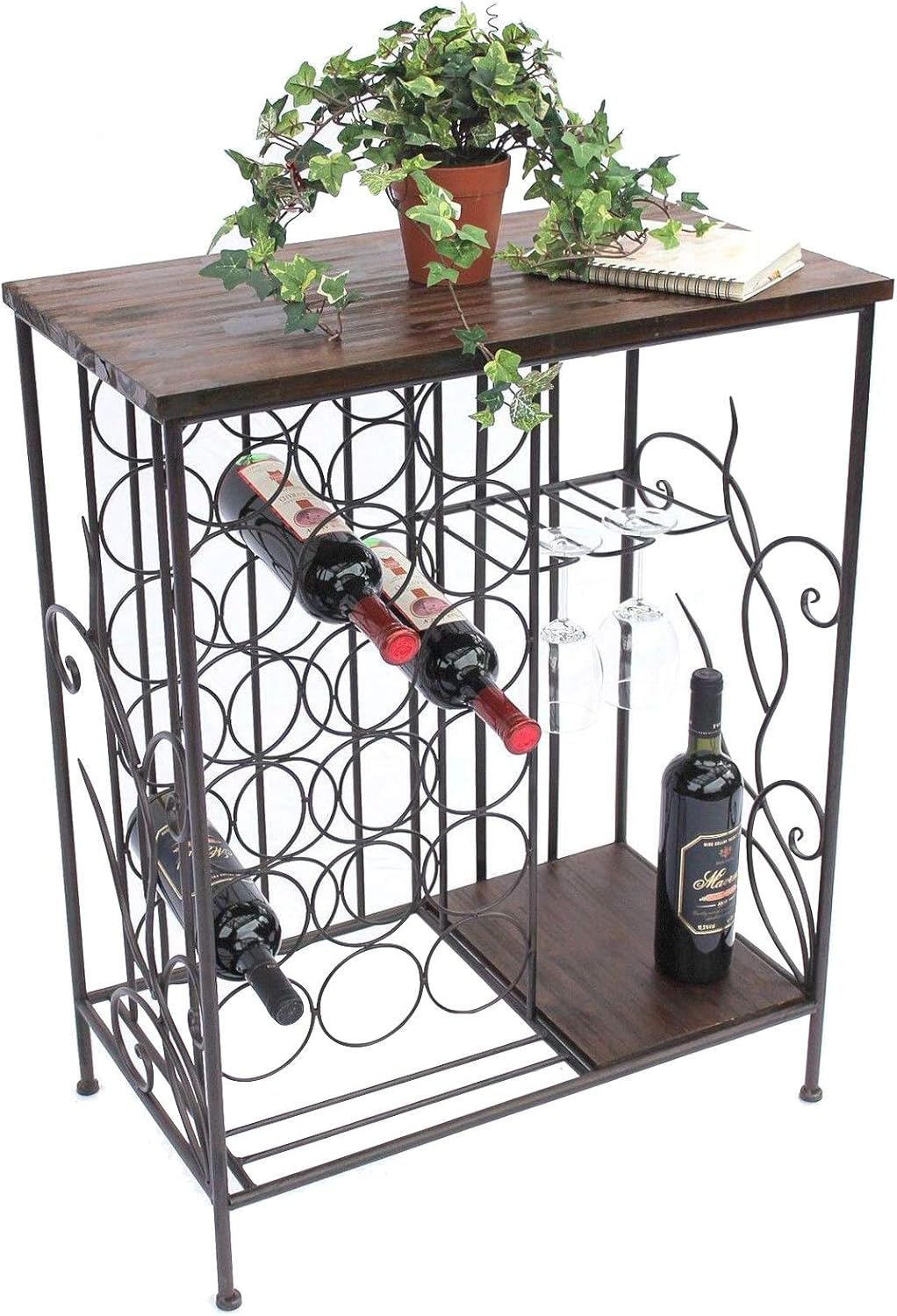 DanDiBo Weinregal mit Ablage 12977 Flaschenregal mit Glashalter 83 cm Braun Metall Holz Flaschenhalt