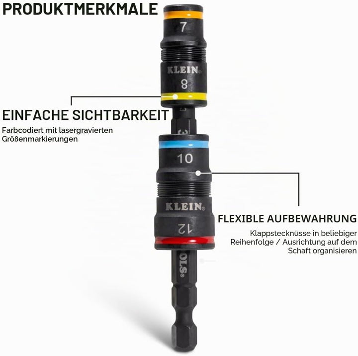 Klein Tools 32932M | 4‑in‑1 Flip‑Stecknuss‑Set metrisch | 7, 8, 10, 12mm | Impact‑Rated Stahl mit Fa