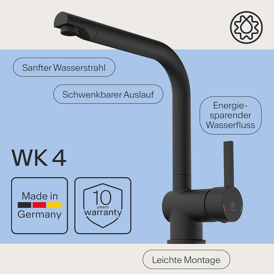 Wasserwerk Küchenarmatur WK4 | Wasserhahn Küche | Spültischarmatur mit Schwenkauslauf | 360° drehbar