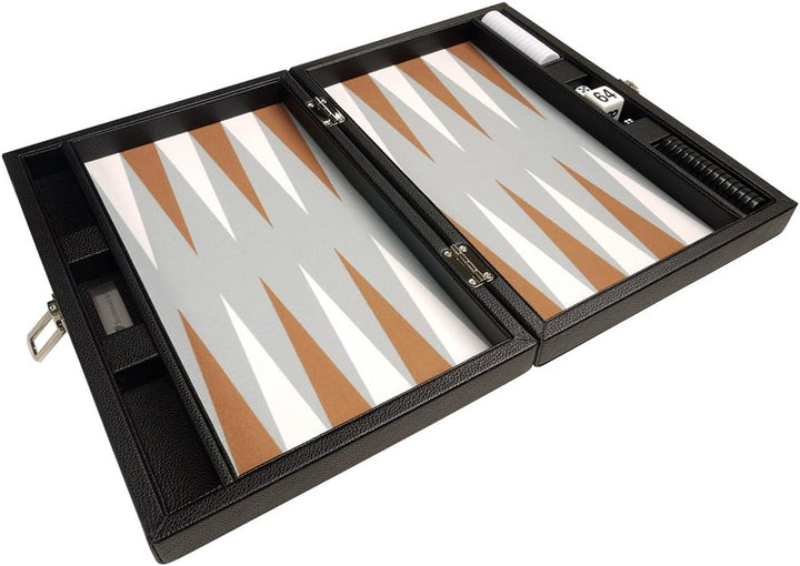 Backgammon-Set, 33 cm, Reisegrösse, schwarzes Brett, weisse und Rum-Punkte