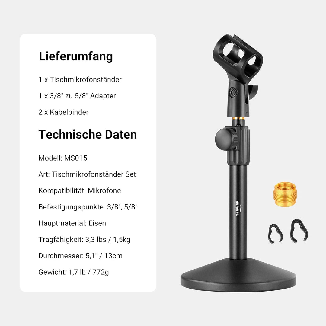 NEEWER Tisch Mikrofon Ständer, verstellbare Tischhalterung mit 3/8" bis 5/8" Schraubenadapter, kompa