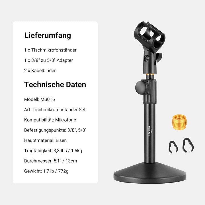 NEEWER Tisch Mikrofon Ständer, verstellbare Tischhalterung mit 3/8" bis 5/8" Schraubenadapter, kompa