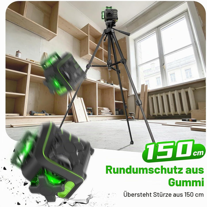 Huepar 1,5m Sturzfest 3x360° Grüner Kreuzlinienlaser Selbstnivellierend, 12 Linien mit Pulsmodus, Ma