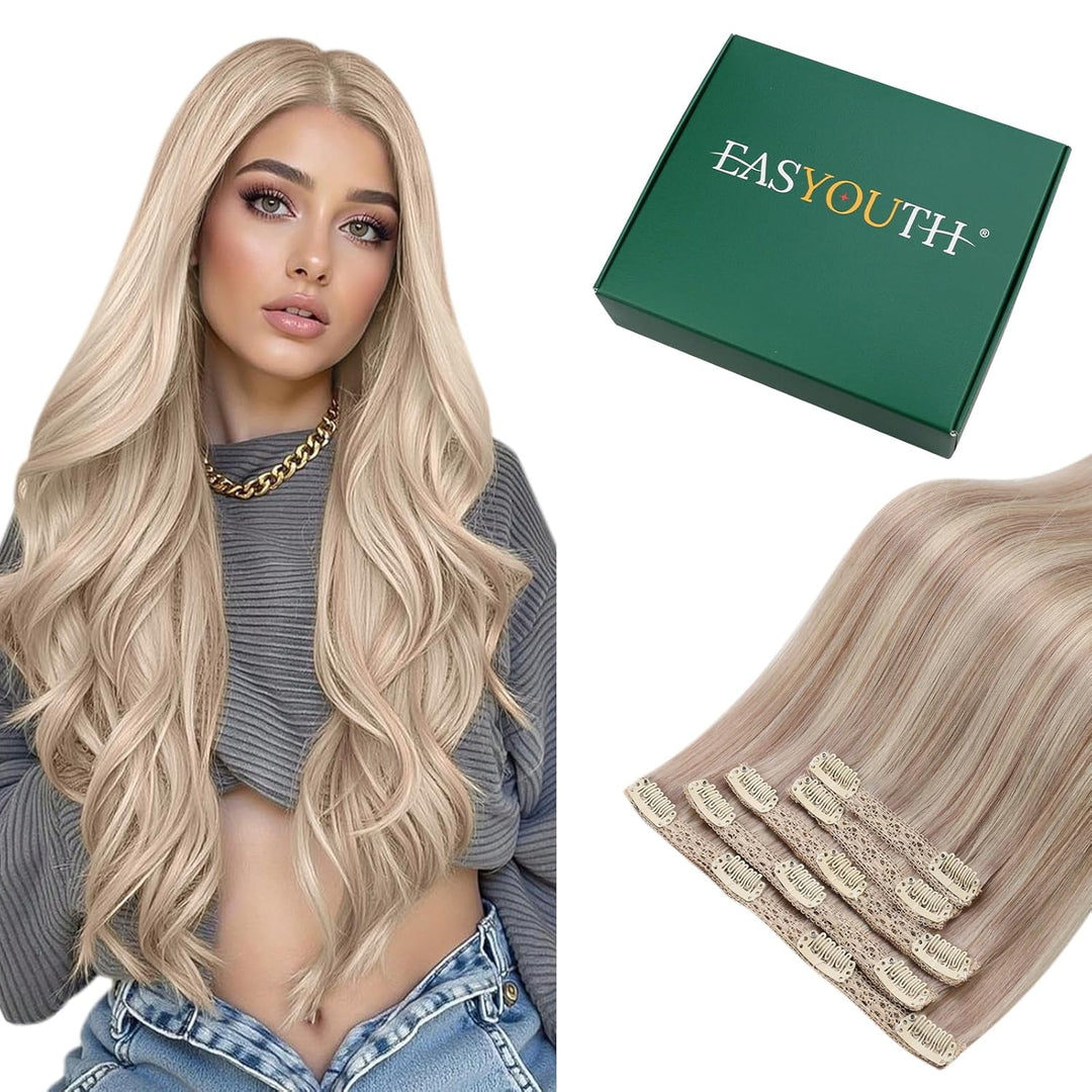 Easyouth Haarverlängerung Echthaar Clip Remy Echthaar Extensions Clip in Farbe Aschblond Mix Gelb Bl