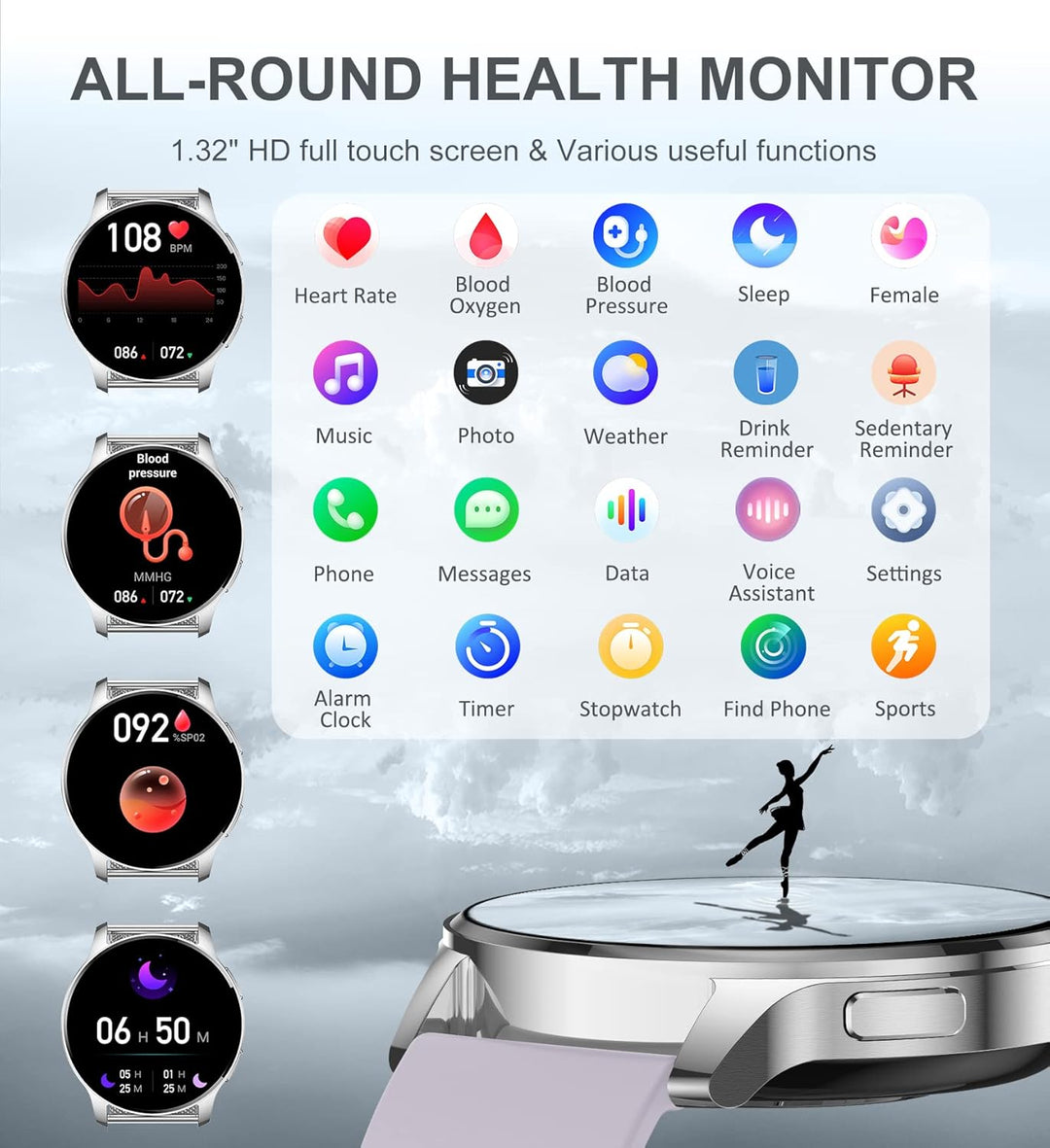 Iaret Smartwatch, 1,32 Zoll runde Armbanduhr mit Telefonfunktion personalisiertem Bildschirm, Musiks