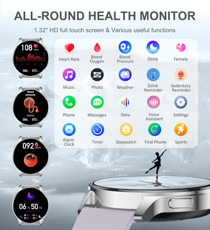 Iaret Smartwatch, 1,32 Zoll runde Armbanduhr mit Telefonfunktion personalisiertem Bildschirm, Musiks