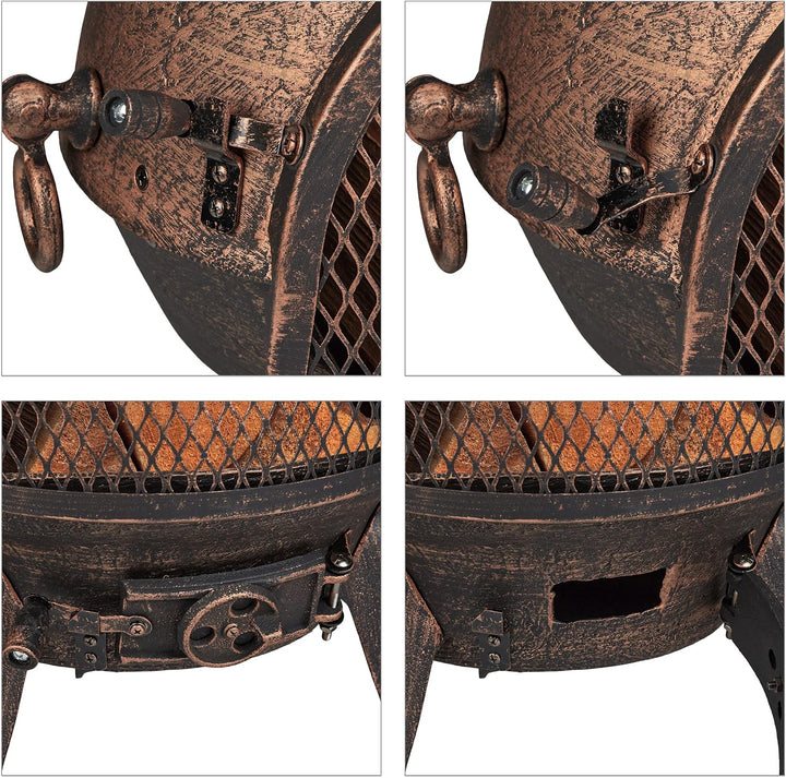 Relaxdays Terrassenofen, Aztekenofen mit Schürhaken, Gusseisen, Funkenschutz, für Garten, HxBxT: 86x