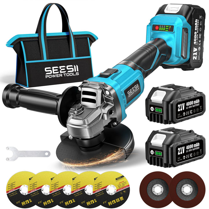 SEESII Akku Winkelschleifer 125 mm, Flex Winkelschleifer mit 2x 4000mAh Akku, 10,000RPM Bürstenloser
