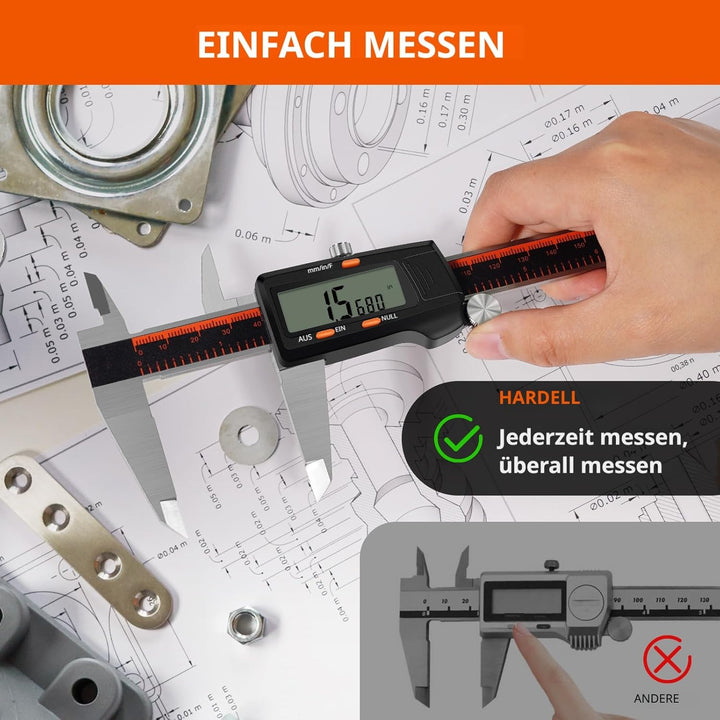 HARDELL Digitaler Messschieber, 0-8 Zoll Messwerkzeug mit grossem LCD-Display, Edelstahl, Auto-Off,