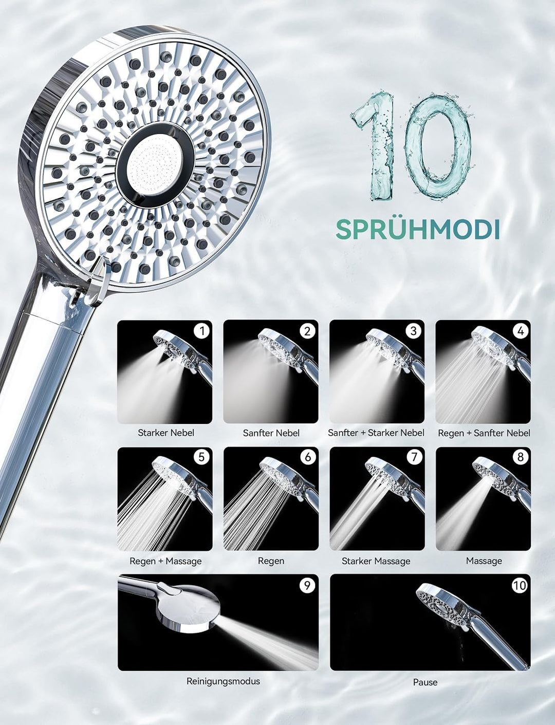 Magichome Filter Duschkopf mit Schlauch, 10 Modi Duschkopf mit Filter Silber, Silber