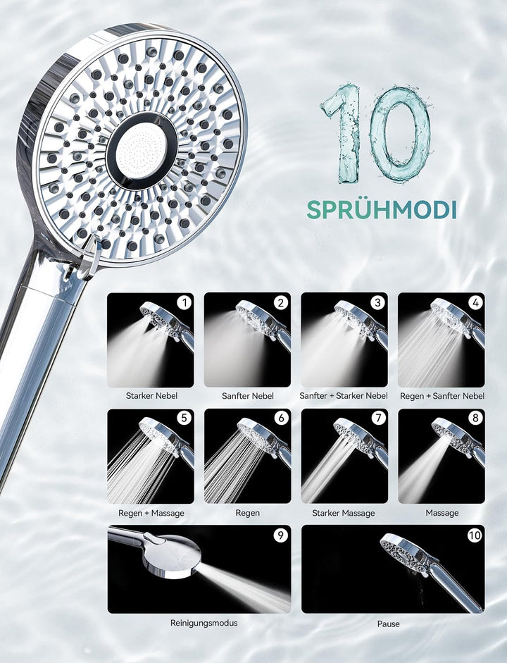 Magichome Filter Duschkopf mit Schlauch, 10 Modi Duschkopf mit Filter Silber, Silber