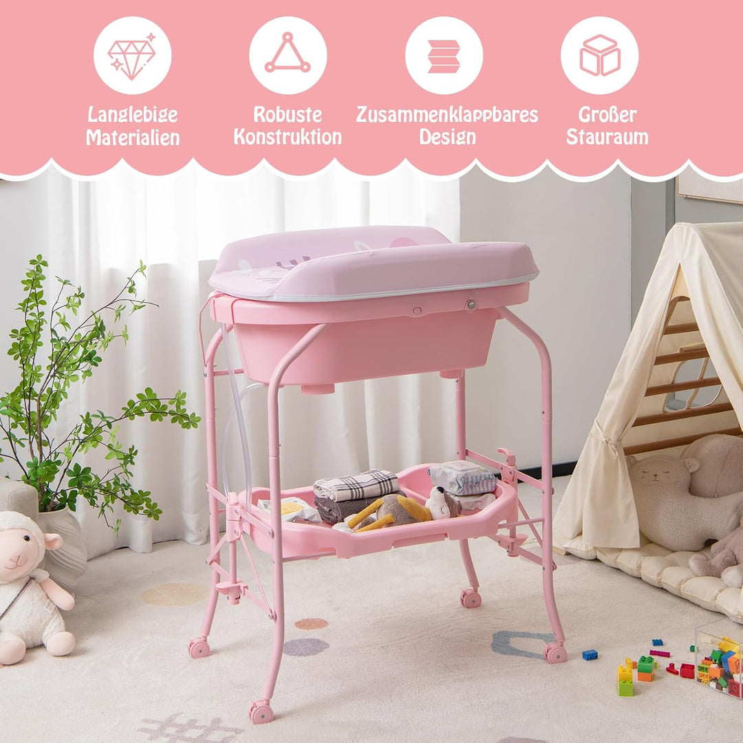 DREAMADE 2 in 1 Wickeltisch & Badewanne mit Gestell, Wickeltisch Klappbar, Wickelkommode auf Rollen