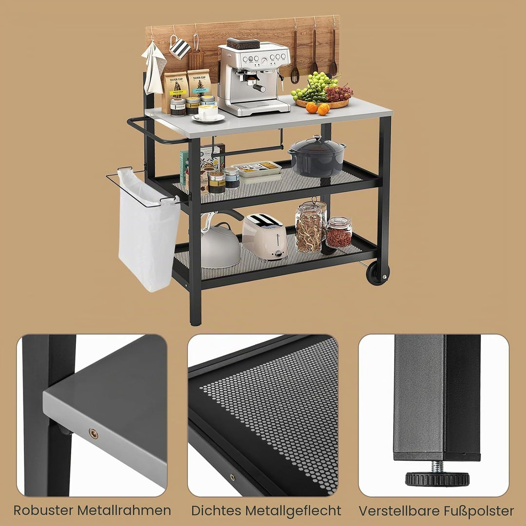KOMFOTTEU Grillwagen mit klappbarer Tischplatte, Outdoor Servierwagen mit Haken, Handtuchhalter, Mül