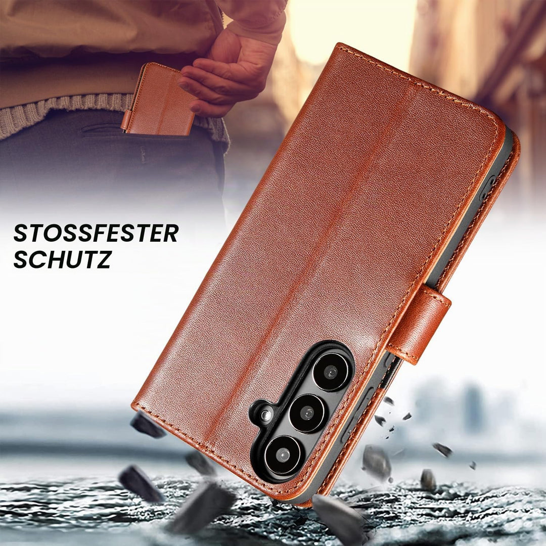 LENSUN Hülle für Samsung Galaxy S24 Echtleder, Handyhülle [Echtes Leder][Standfunktion][RFID Schutz]