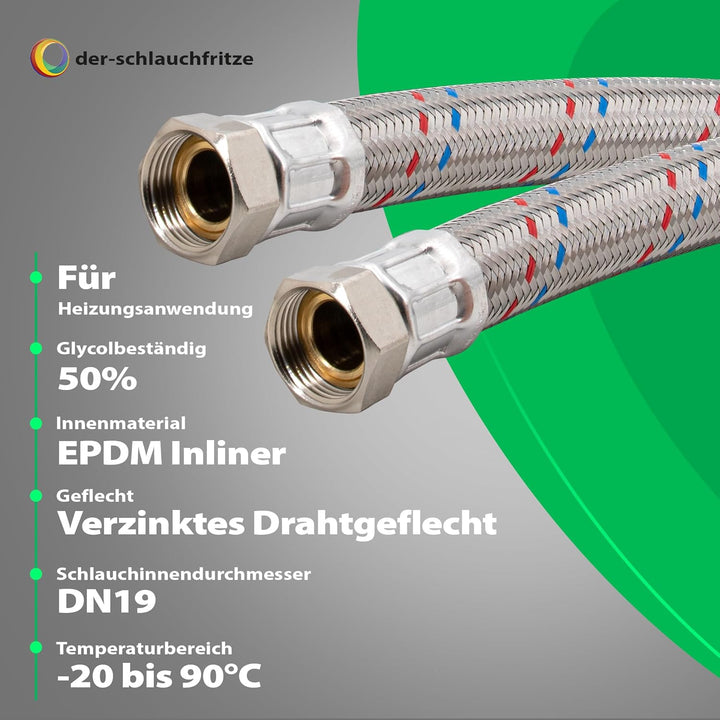 H2O-Flex® Panzerschlauch 3/4"ÜM x 3/4"ÜM (DN19) für Nutzwasser Heizungsschlauch 1,00m / 1.000mm, 1,0