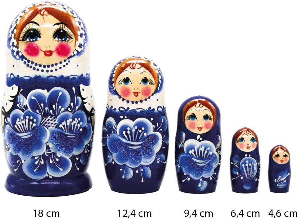 Blaue Blumen Matrjoschka Matröschka Matroschka Babuschka 18cm Höhe - 5 Holz-Puppen - Verschiedene Mo