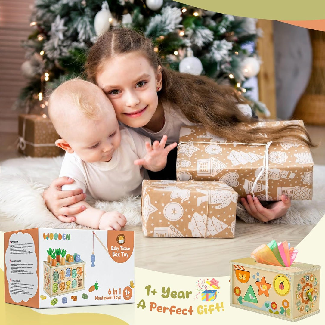 Montessori Spielzeug Baby ab 1 Jahr, 6 in 1 Tücherbox Montessori-Holzspielzeug mit Zahnrädern, Angel