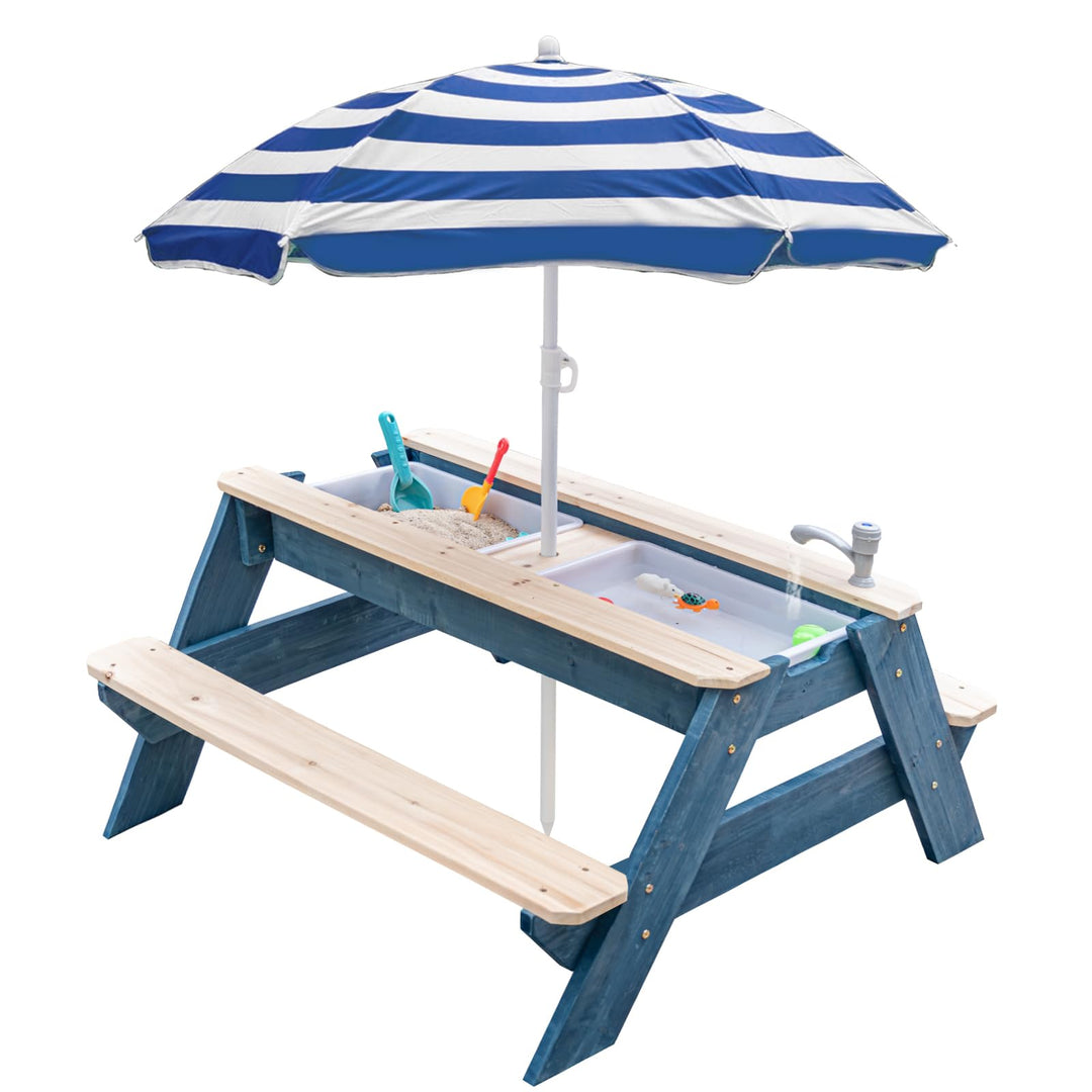 Kids 3-in-1 Sand- und Wasser-Aktivitätstisch, Holz, Outdoor, wandelbarer Picknicktisch mit Regenschi