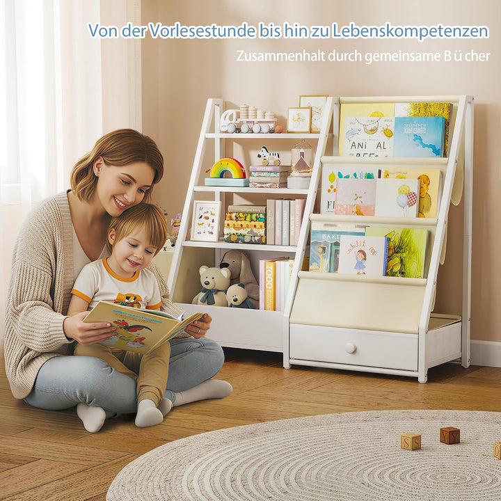 Quikraen Bücherregal Kinder, Kinderregal mit 4 Ablage und 3 Offenen Fächern, Montessori Bücherregal,