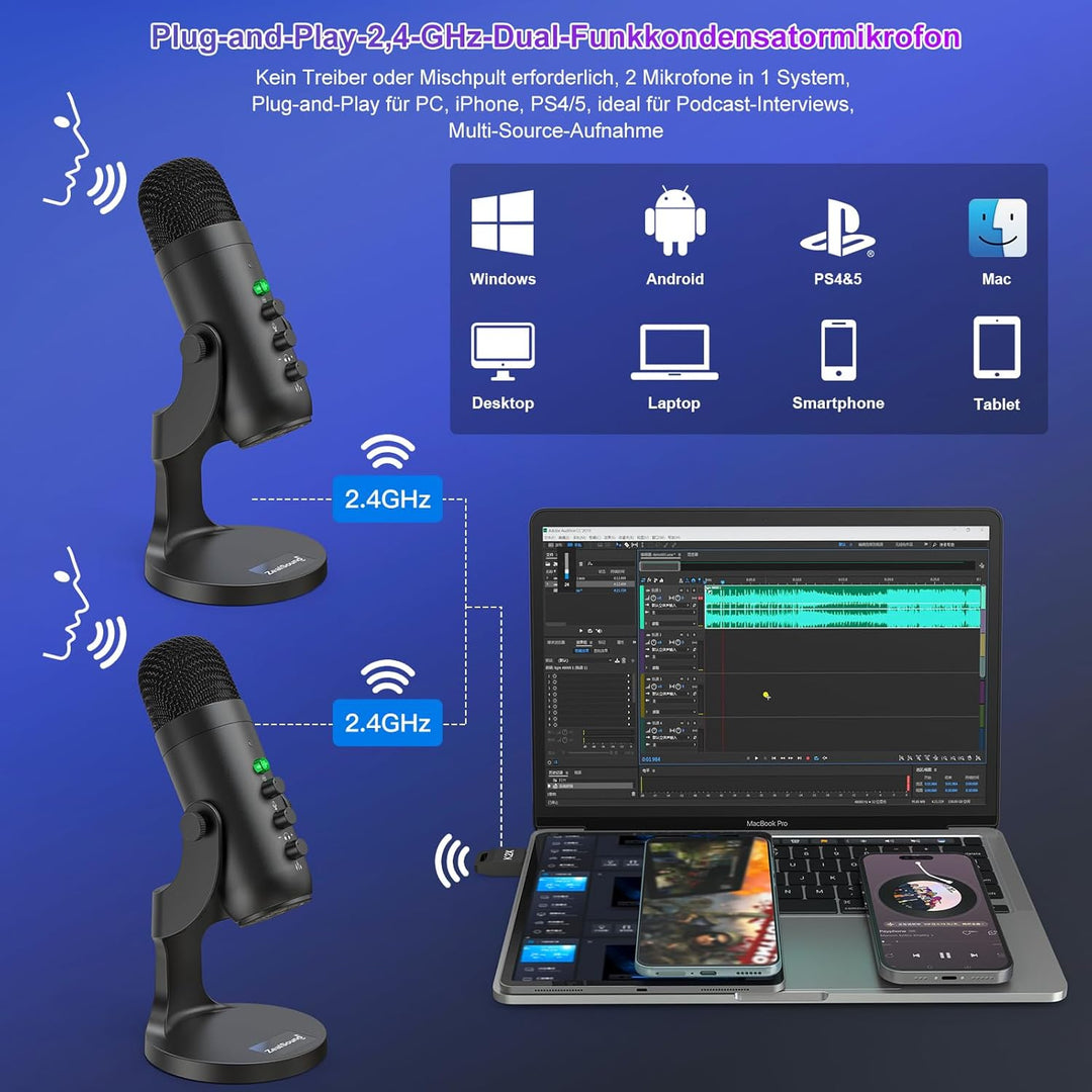zealsound 2-in-1 Wireless Podcast Mikrofon Kit – Dual 2.4GHz Desktop Mikrofone für PC Mac iPhone PS5