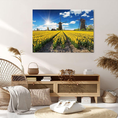 Bilder auf Leinwand 100x70cm Leinwandbild Tulpen Windmühle Wiese Landschaft Gross Wanddeko Bild Schl