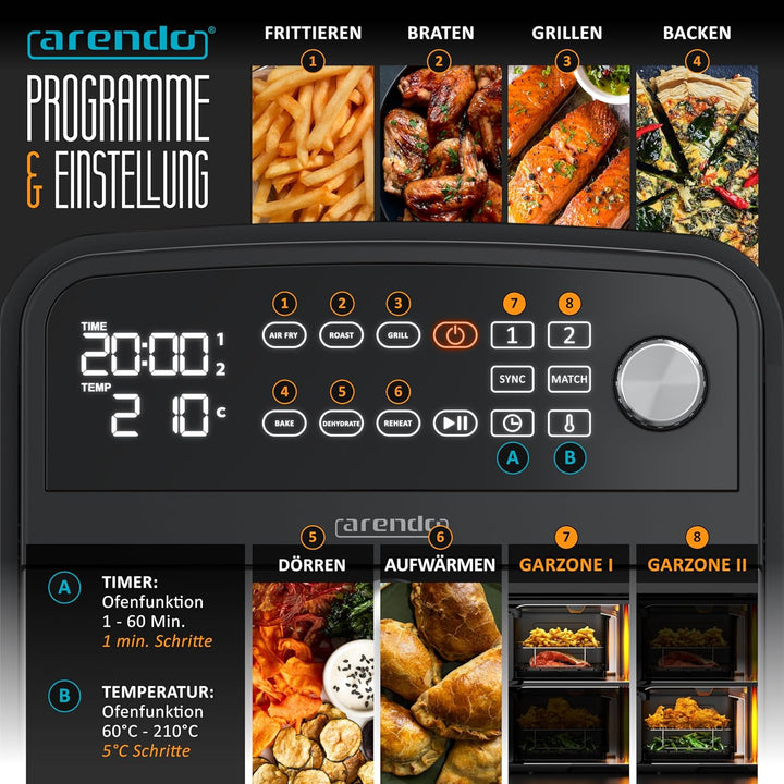 Arendo - Heissluftfritteuse XXL Dual Zone 2 Kammern – 11 Liter – 2400 W – 2 Zonen – 3in1 Airfryer Do