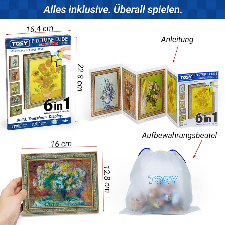 TOSY Picture Cube Floral Masterpieces: 6-in-1 magnetisches Bilderpuzzle, 80 Blöcke, 488 Flächen/Magn
