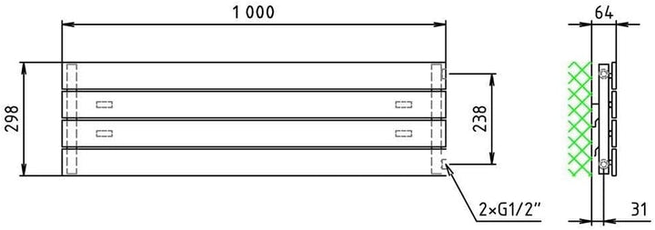 Paneelheizkörper Heizkörper Badheizkörper horizontal 298 x 1000 seitlicher Anschluss (335 Watt nach